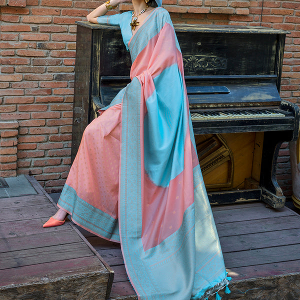 Monjolika Fashion Light Blue And Peach Weaving Silk Festival Contemporary Saree - Distacart