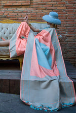 Thumbnail for Monjolika Fashion Light Blue And Peach Weaving Silk Festival Contemporary Saree - Distacart