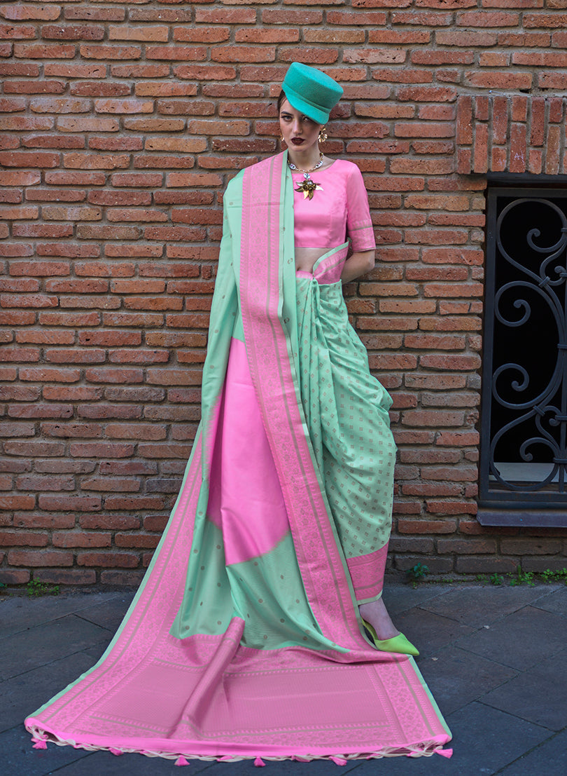 Monjolika Fashion Sea Green And Pink Weaving Ceremonial Trendy Saree