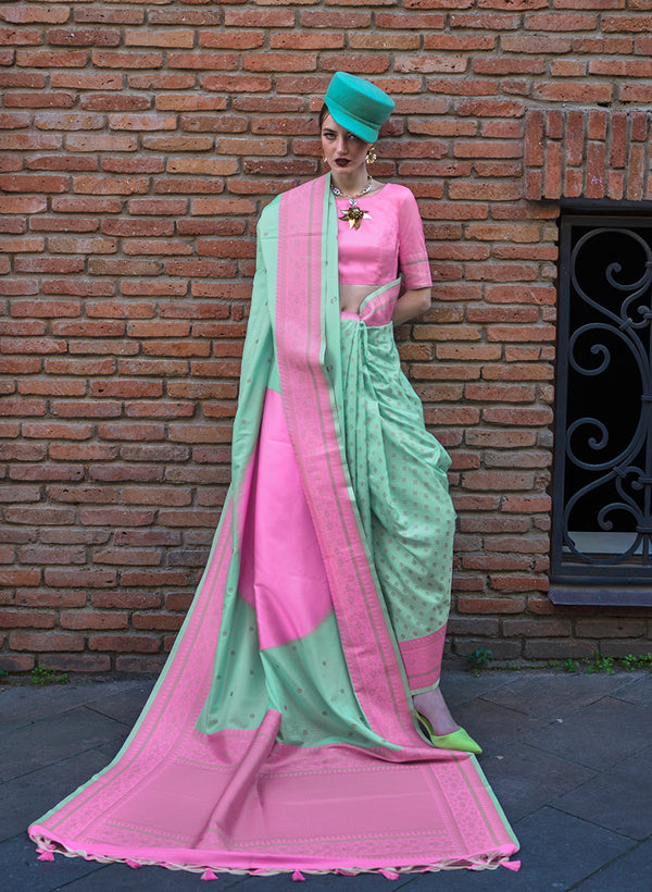 Monjolika Fashion Sea Green And Pink Weaving Ceremonial Trendy Saree