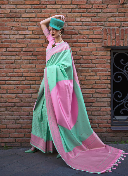 Monjolika Fashion Sea Green And Pink Weaving Ceremonial Trendy Saree