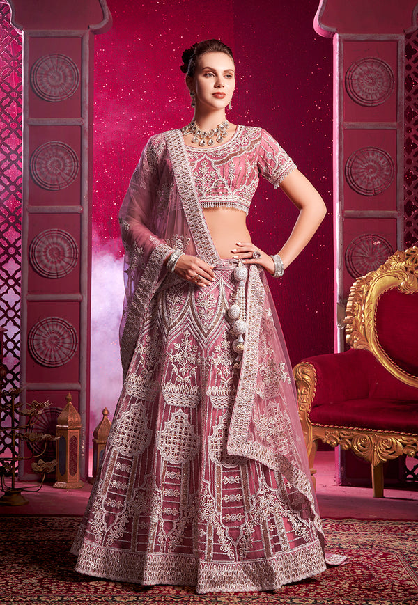 Monjolika Fashion Embroidered And Sequin Work Net Pink Wedding Lehenga Choli