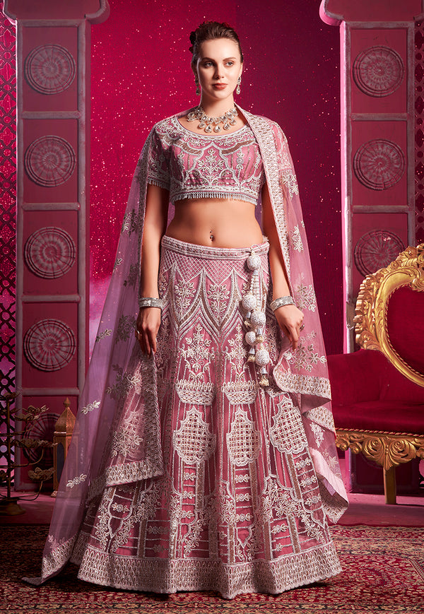 Monjolika Fashion Embroidered And Sequin Work Net Pink Wedding Lehenga Choli