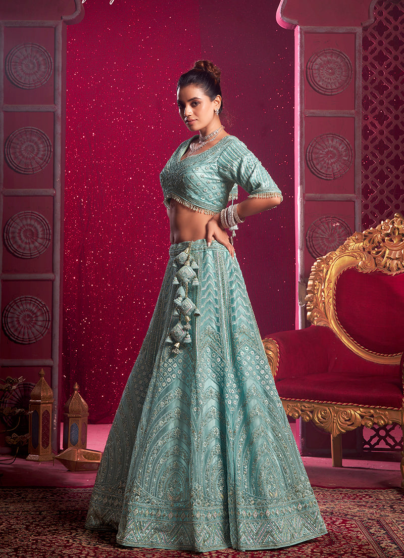 Monjolika Fashion Aqua Blue Embroidered And Sequin Work Wedding Lehenga Choli - Distacart