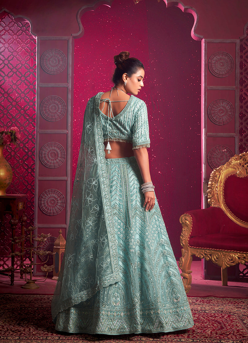 Monjolika Fashion Aqua Blue Embroidered And Sequin Work Wedding Lehenga Choli
