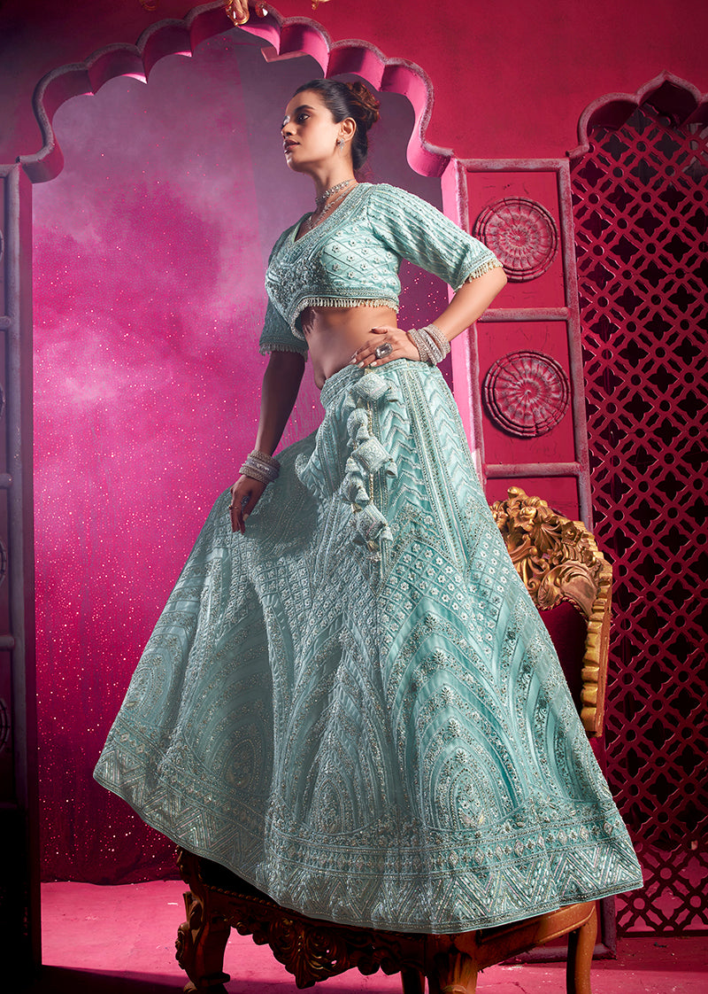 Monjolika Fashion Aqua Blue Embroidered And Sequin Work Wedding Lehenga Choli
