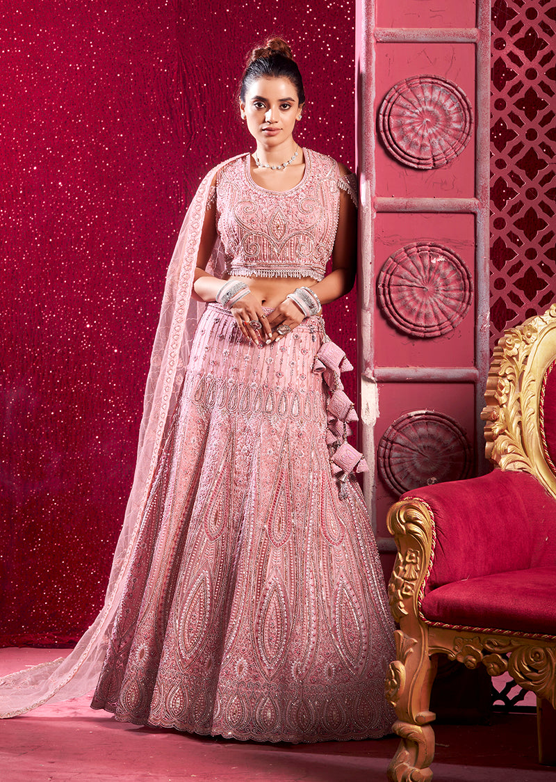 Monjolika Fashion Net Embroidered And Sequin Work Wedding Lehenga Choli in Pink