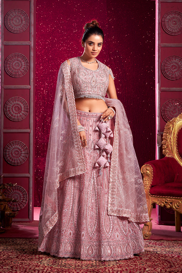 Monjolika Fashion Net Embroidered And Sequin Work Wedding Lehenga Choli in Pink