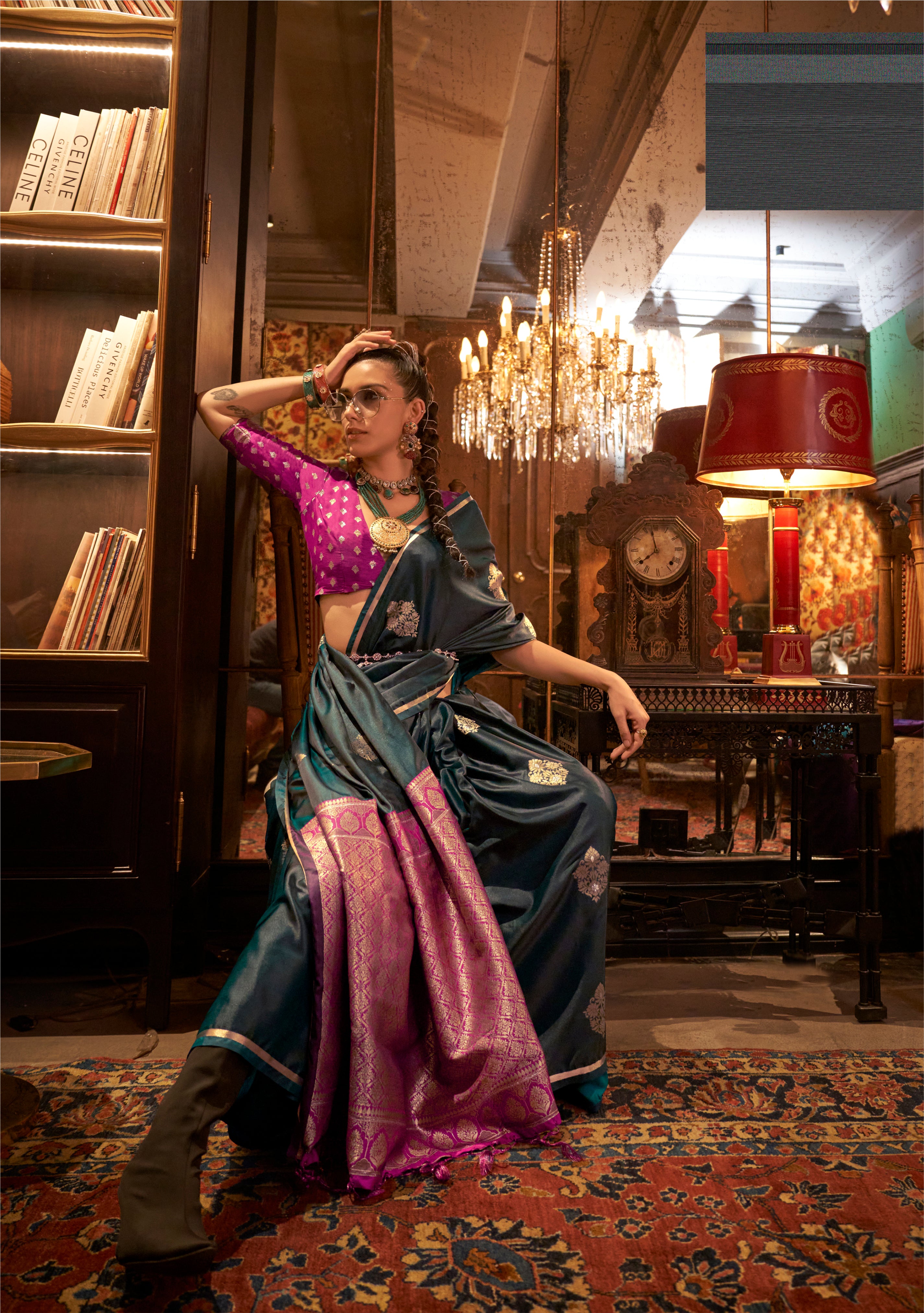Monjolika Fashion Satin Dark Green Weaving Work Classic Saree - Distacart