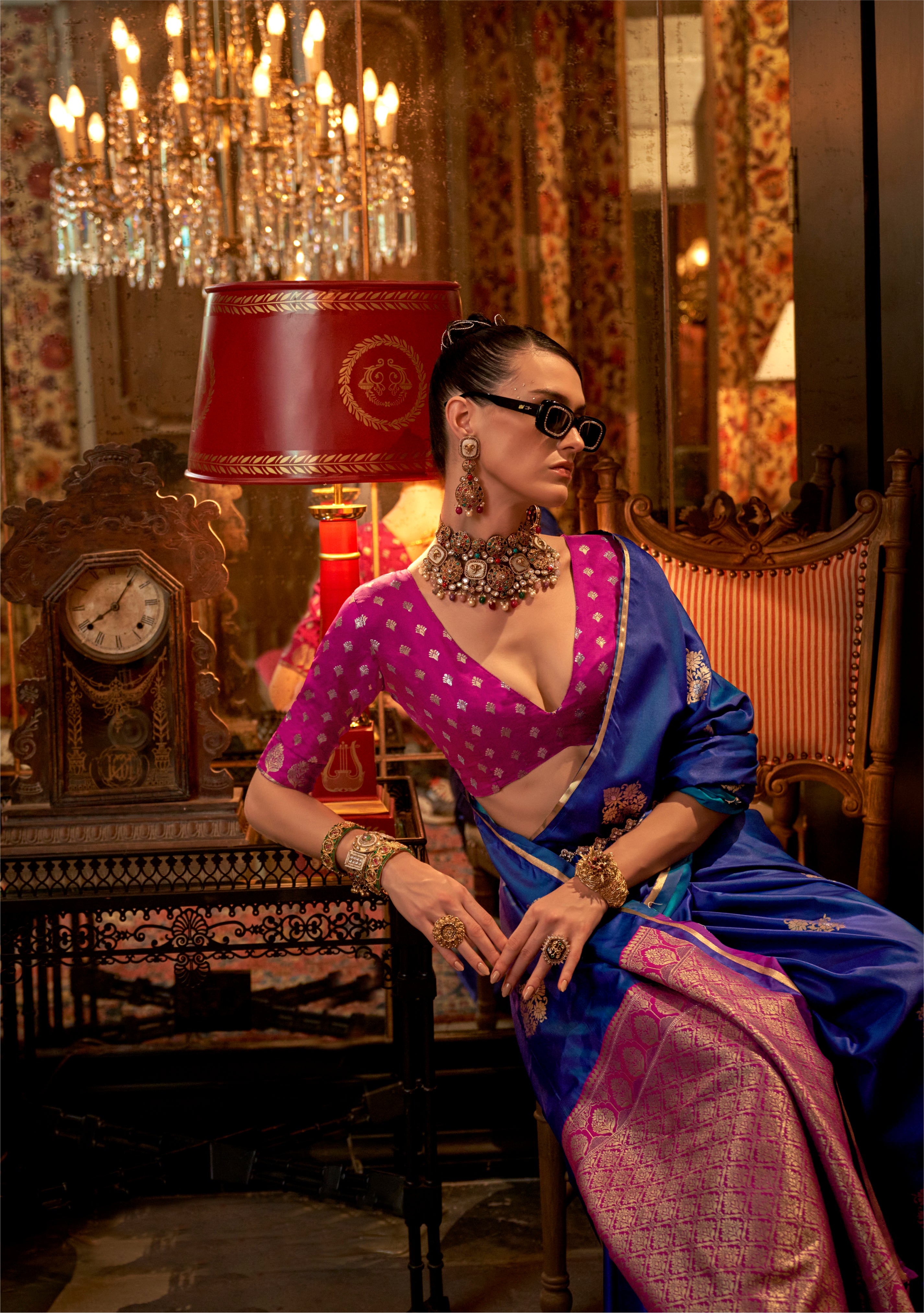 Monjolika Fashion Royal Blue Weaving Work Satin Contemporary Saree - Distacart