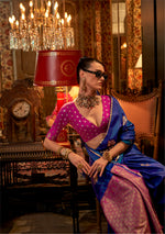 Thumbnail for Monjolika Fashion Royal Blue Weaving Work Satin Contemporary Saree - Distacart