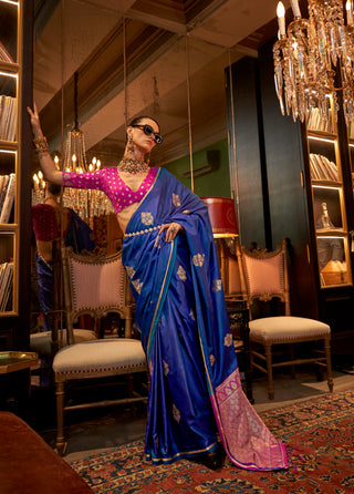 Monjolika Fashion Royal Blue Weaving Work Satin Contemporary Saree