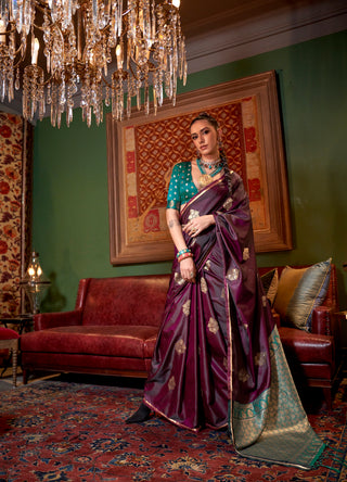 Monjolika Fashion Wine Weaving Work Satin Designer Saree