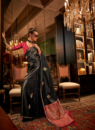 Monjolika Fashion Satin Black Weaving Work Trendy Saree