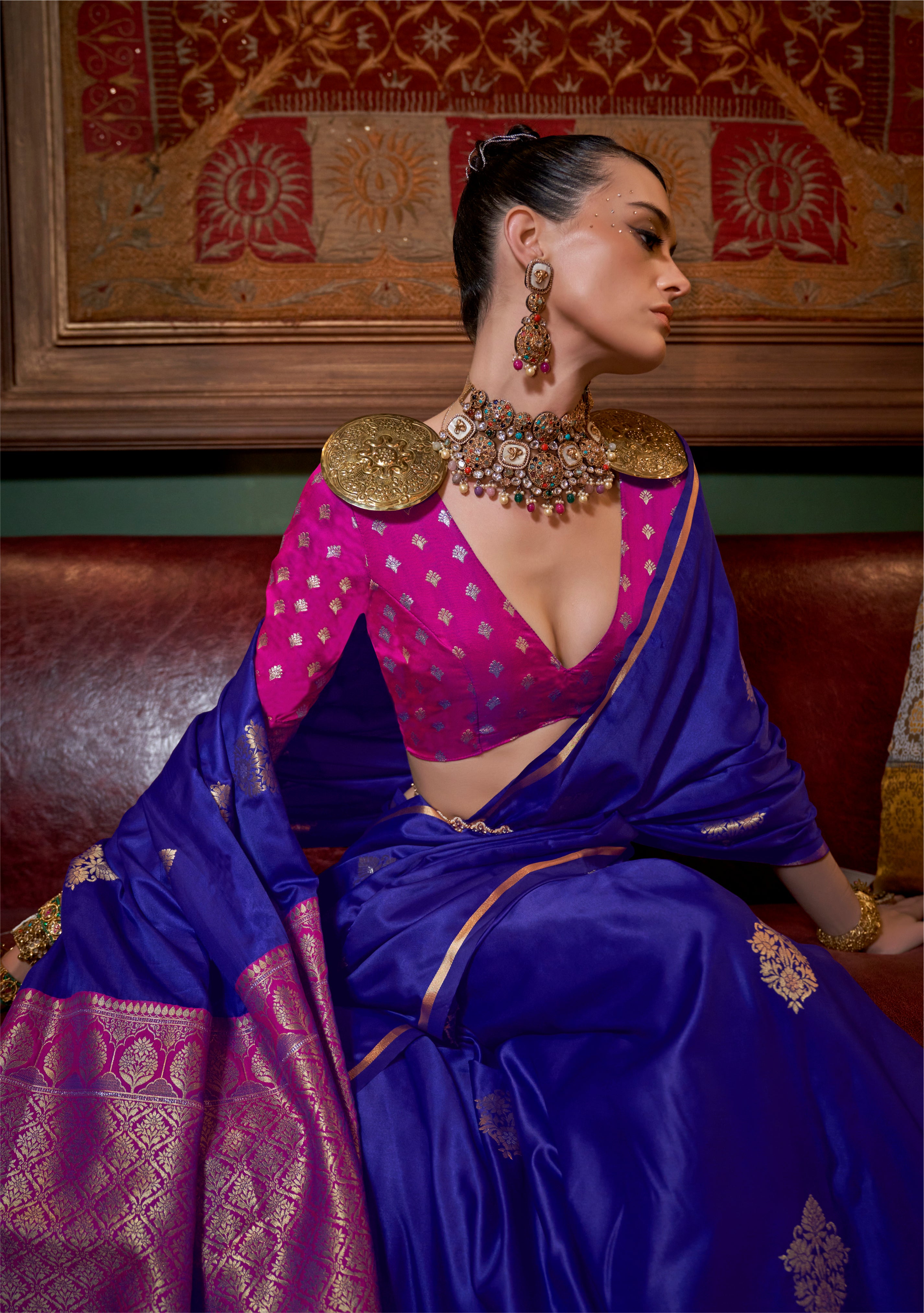 Monjolika Fashion Blue Satin Weaving Work Classic Saree - Distacart