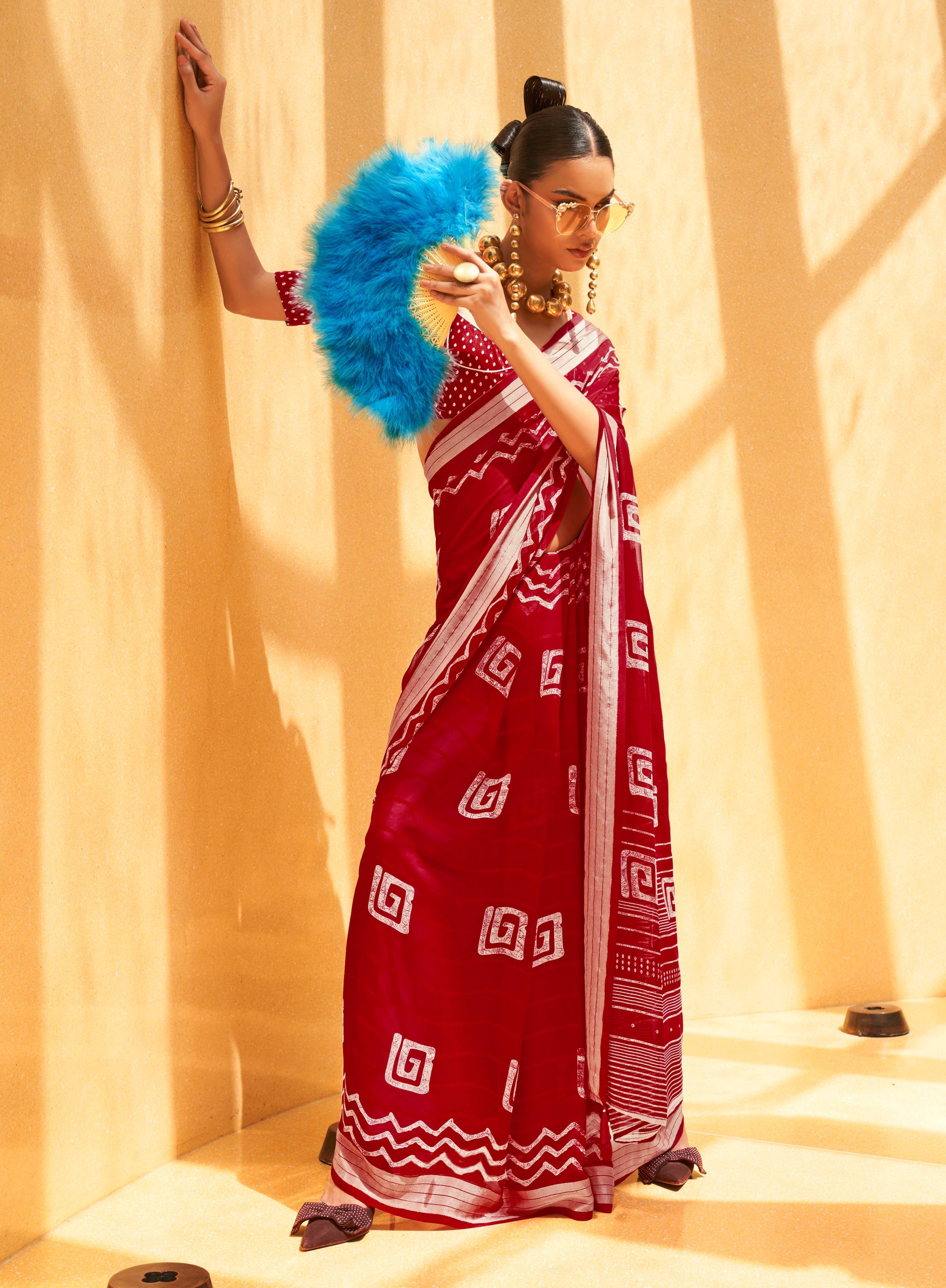 Monjolika Fashion Maroon Printed Georgette Classic Saree