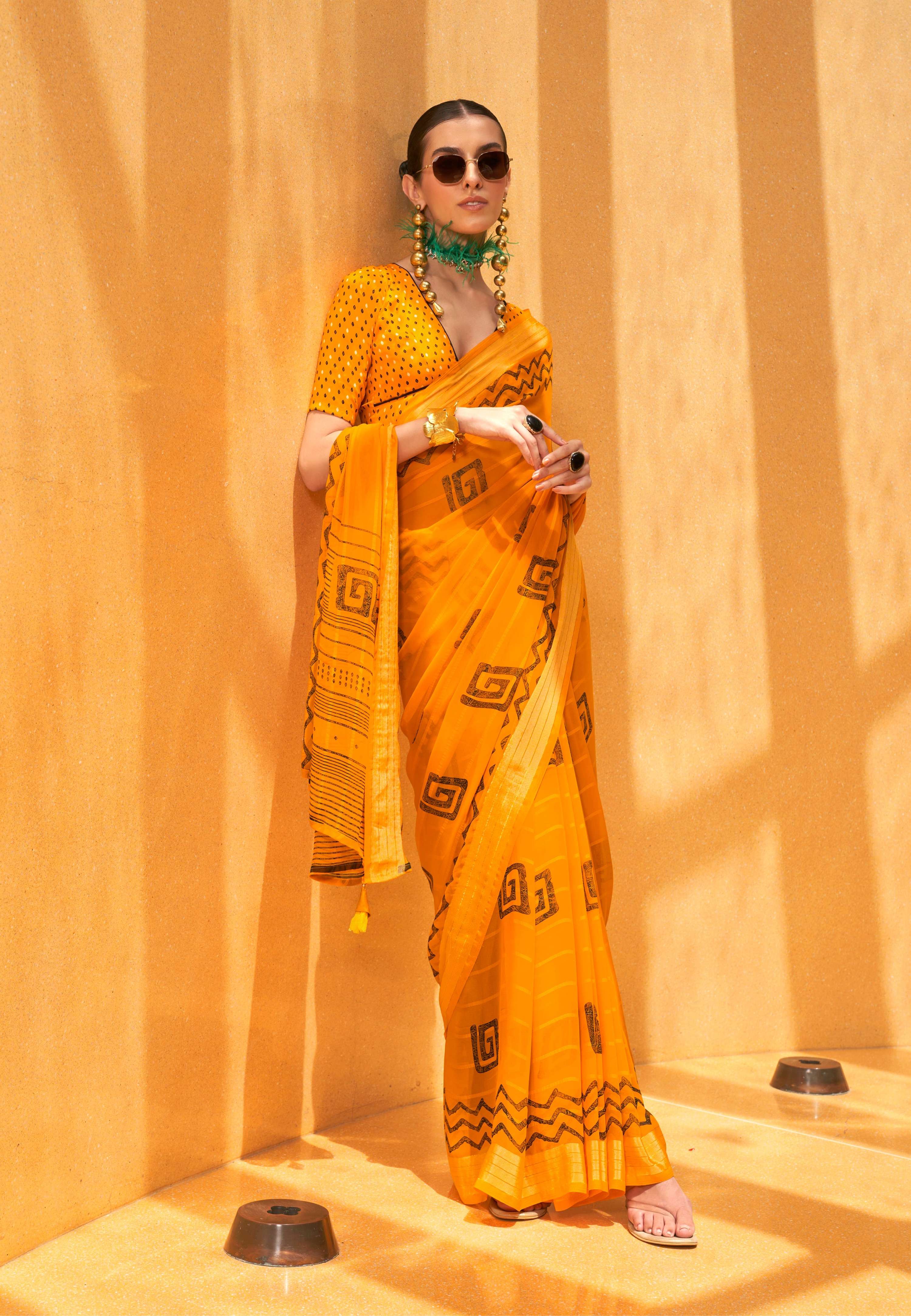 Monjolika Fashion Yellow Printed Georgette Contemporary Saree