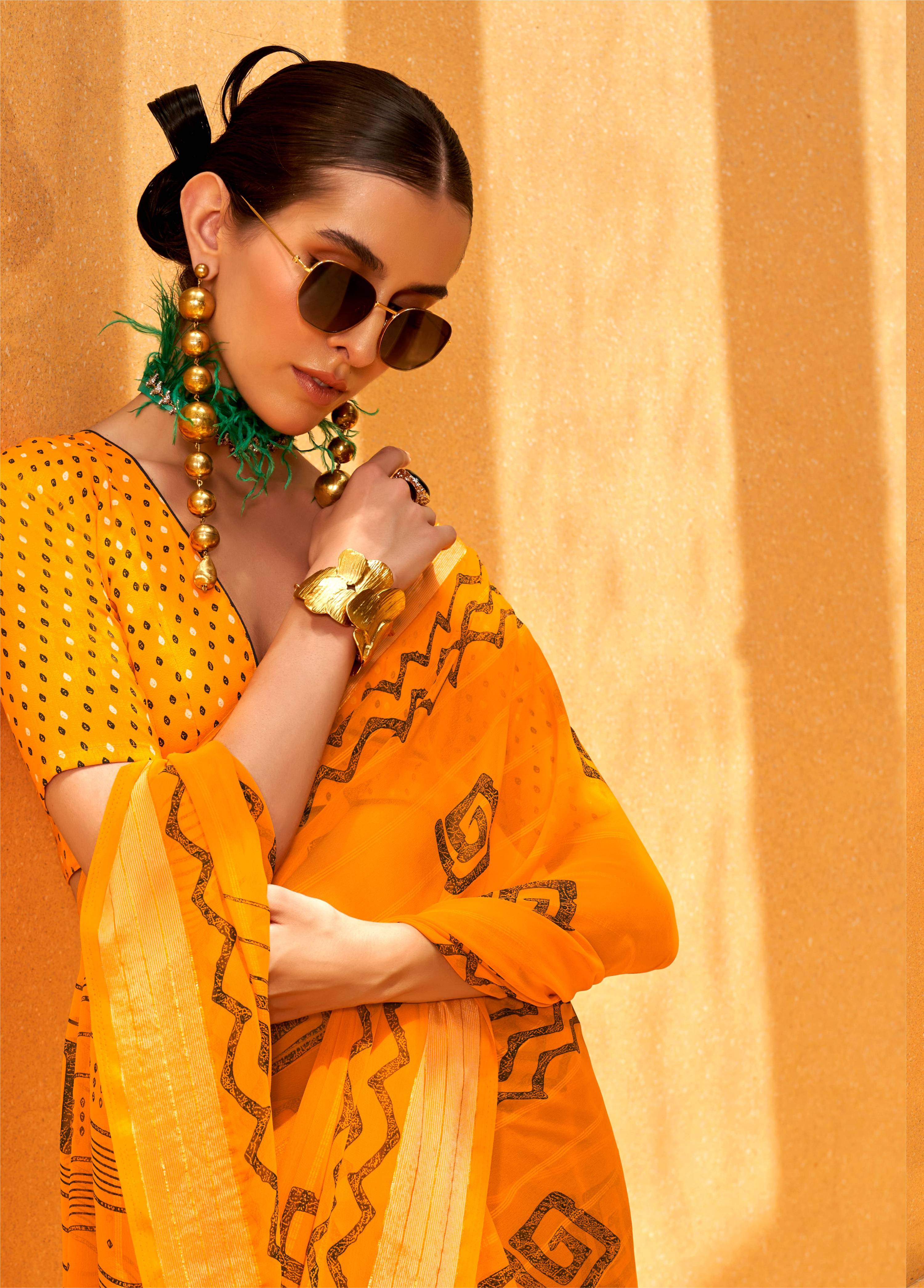 Monjolika Fashion Yellow Printed Georgette Contemporary Saree