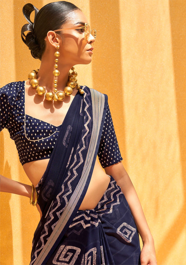 Monjolika Fashion Georgette Print Casual Navy Blue Designer Saree