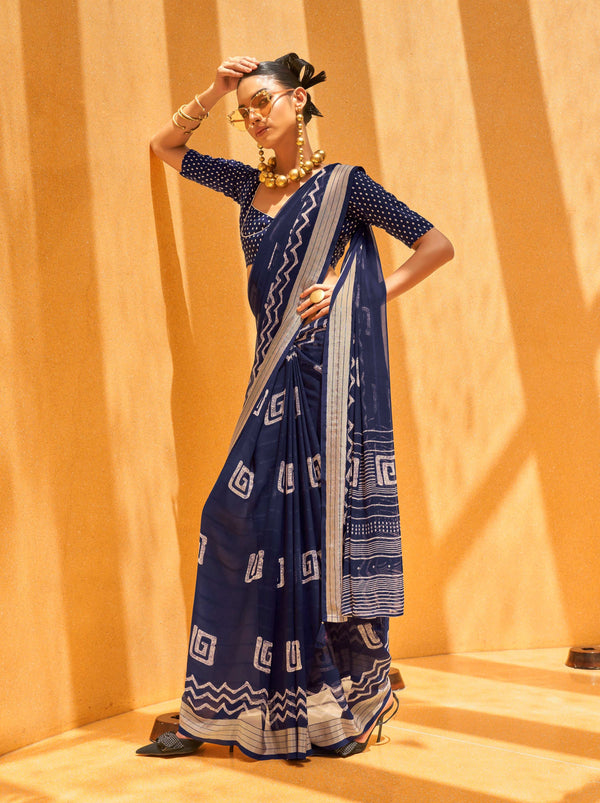 Monjolika Fashion Georgette Print Casual Navy Blue Designer Saree