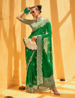 Monjolika Fashion Georgette Printed Classic Saree In Green