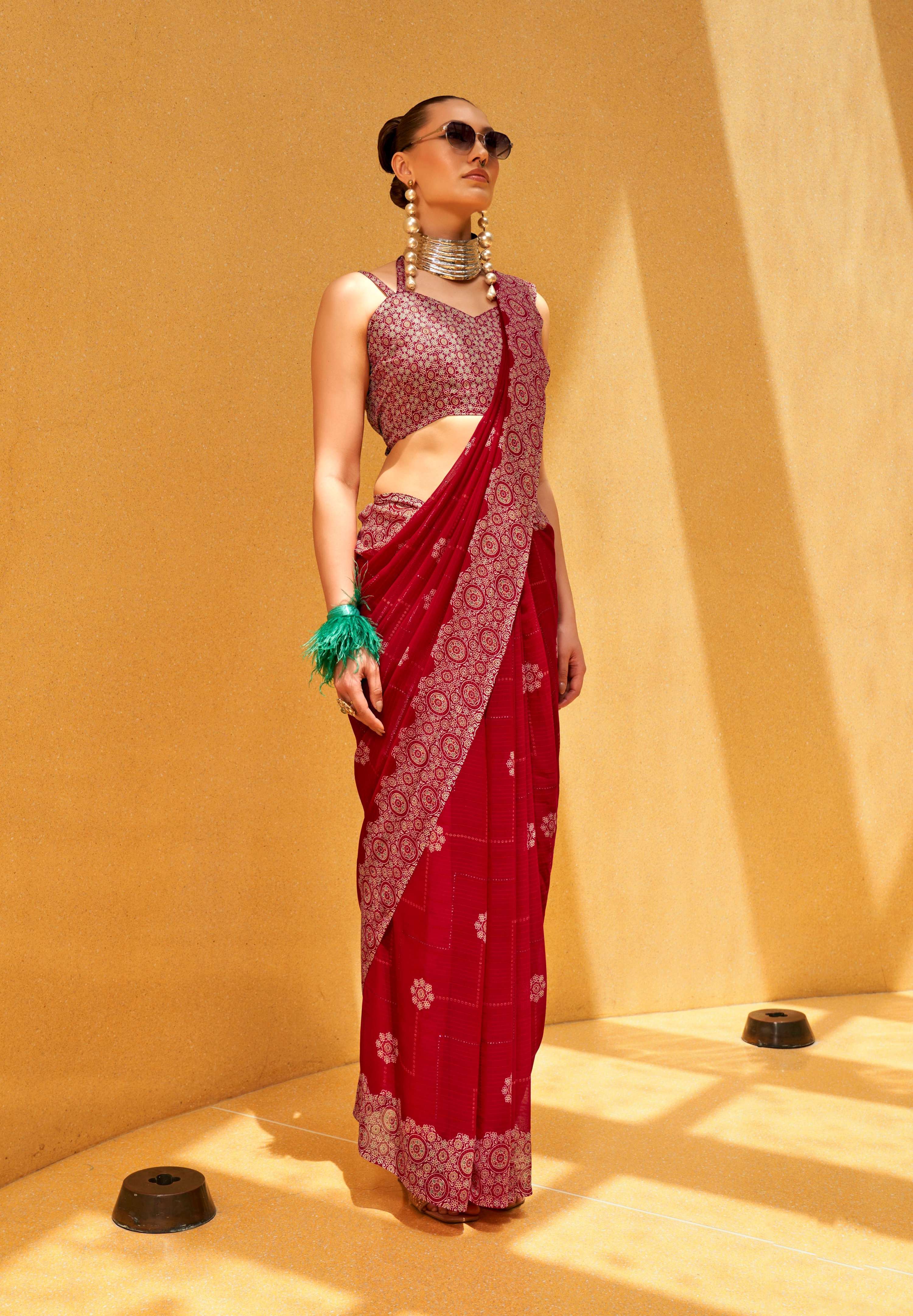 Monjolika Fashion Hot Pink Party Georgette Printed Contemporary Saree