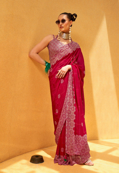 Monjolika Fashion Hot Pink Party Georgette Printed Contemporary Saree