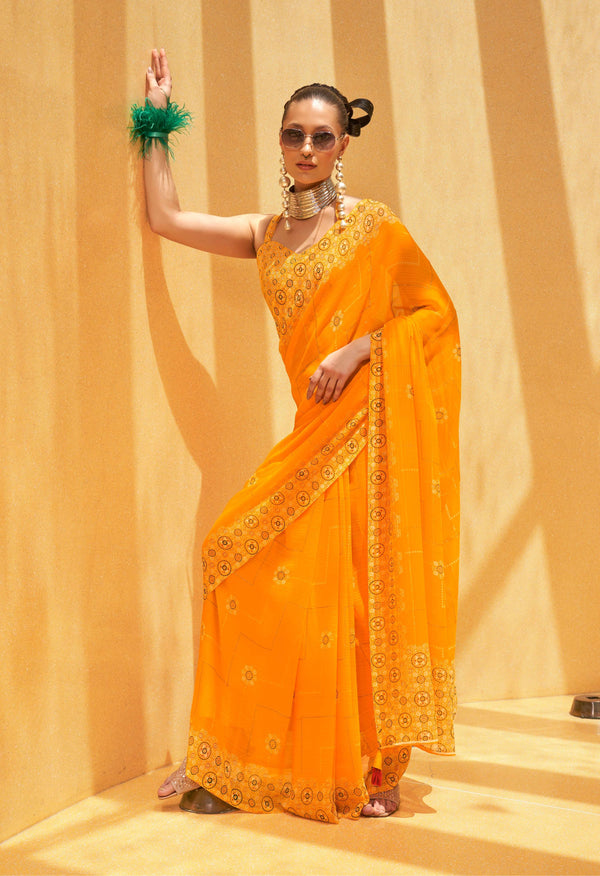 Monjolika Fashion Georgette Yellow Printed Trendy Saree