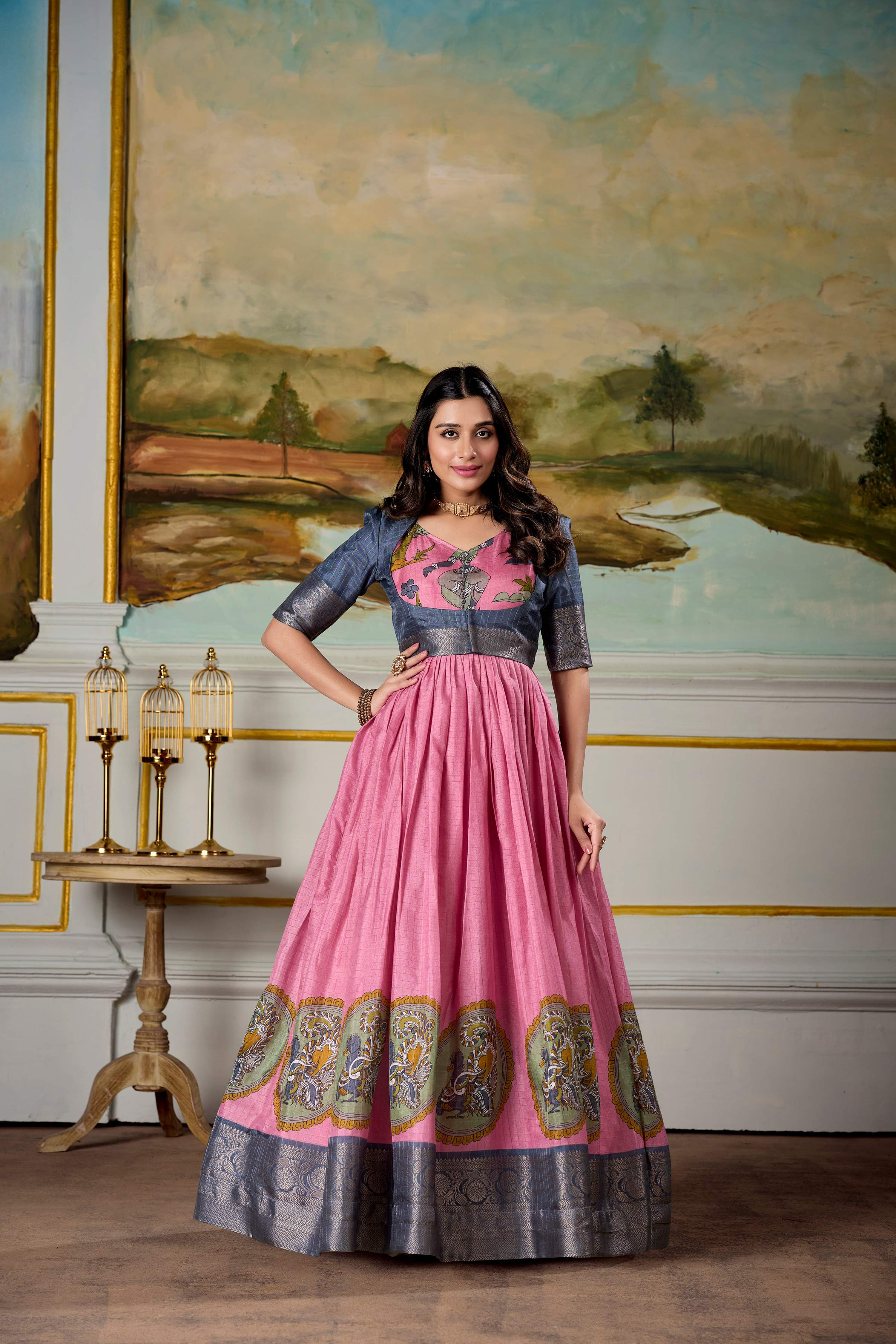 Lorenvalley Fashion Pink and Grey Dola Silk Kalamkari Print With Zari Weaving Broder Gown with Koti