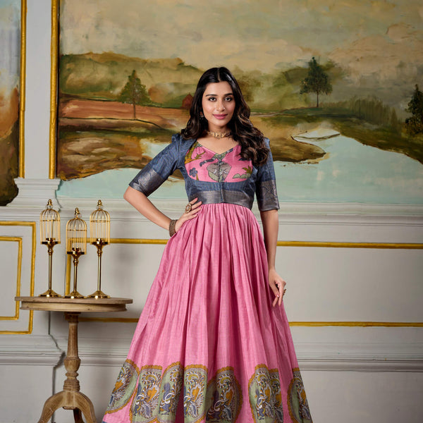 Lorenvalley Fashion Pink and Grey Dola Silk Kalamkari Print With Zari Weaving Broder Gown with Koti - Distacart