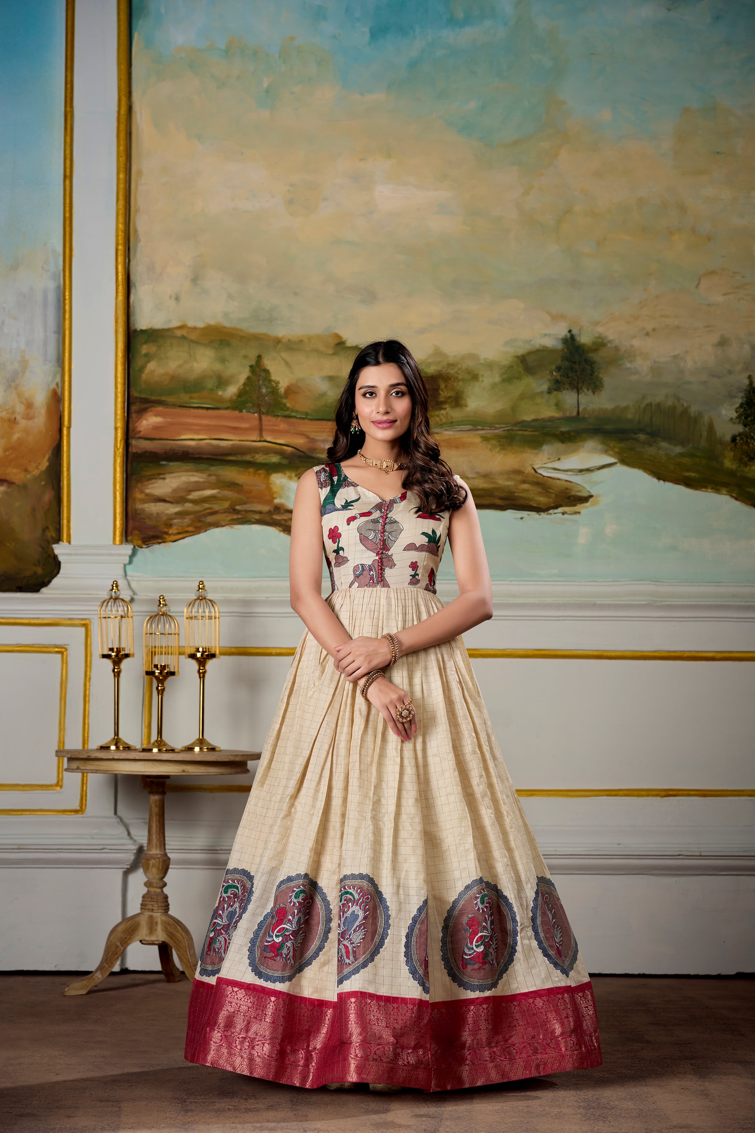 Lorenvalley Fashion Cream and Red Dola Silk Kalamkari Print With Zari Weaving Broder Gown with Koti