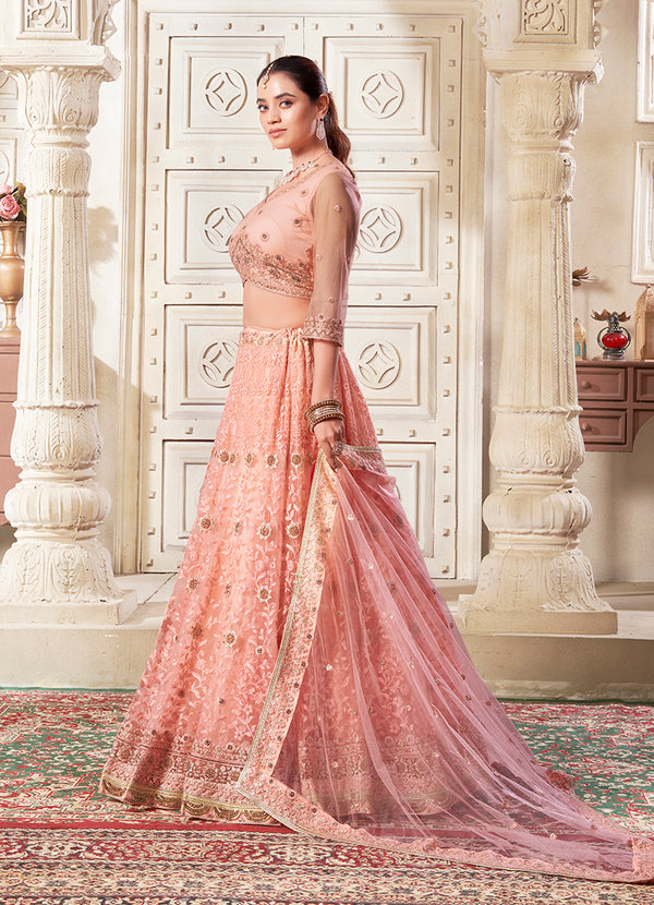 Monjolika Fashion Peach Net Thread Embroidery And Dimond Work Lehenga Choli
