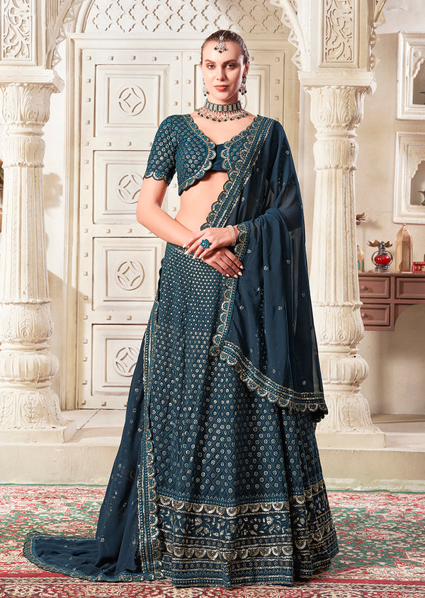 Monjolika Fashion Dark Teal Embroidered And SequinsWork Georgette Designer Lehenga Choli