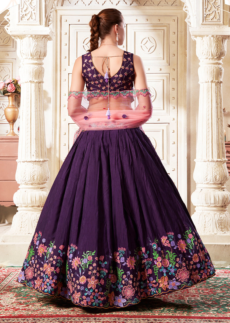 Monjolika Fashion Embroidered Silk Purple Trendy Lehenga Choli