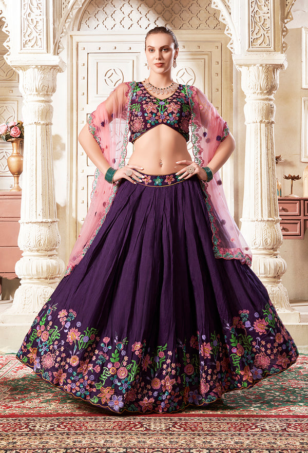 Monjolika Fashion Embroidered Silk Purple Trendy Lehenga Choli