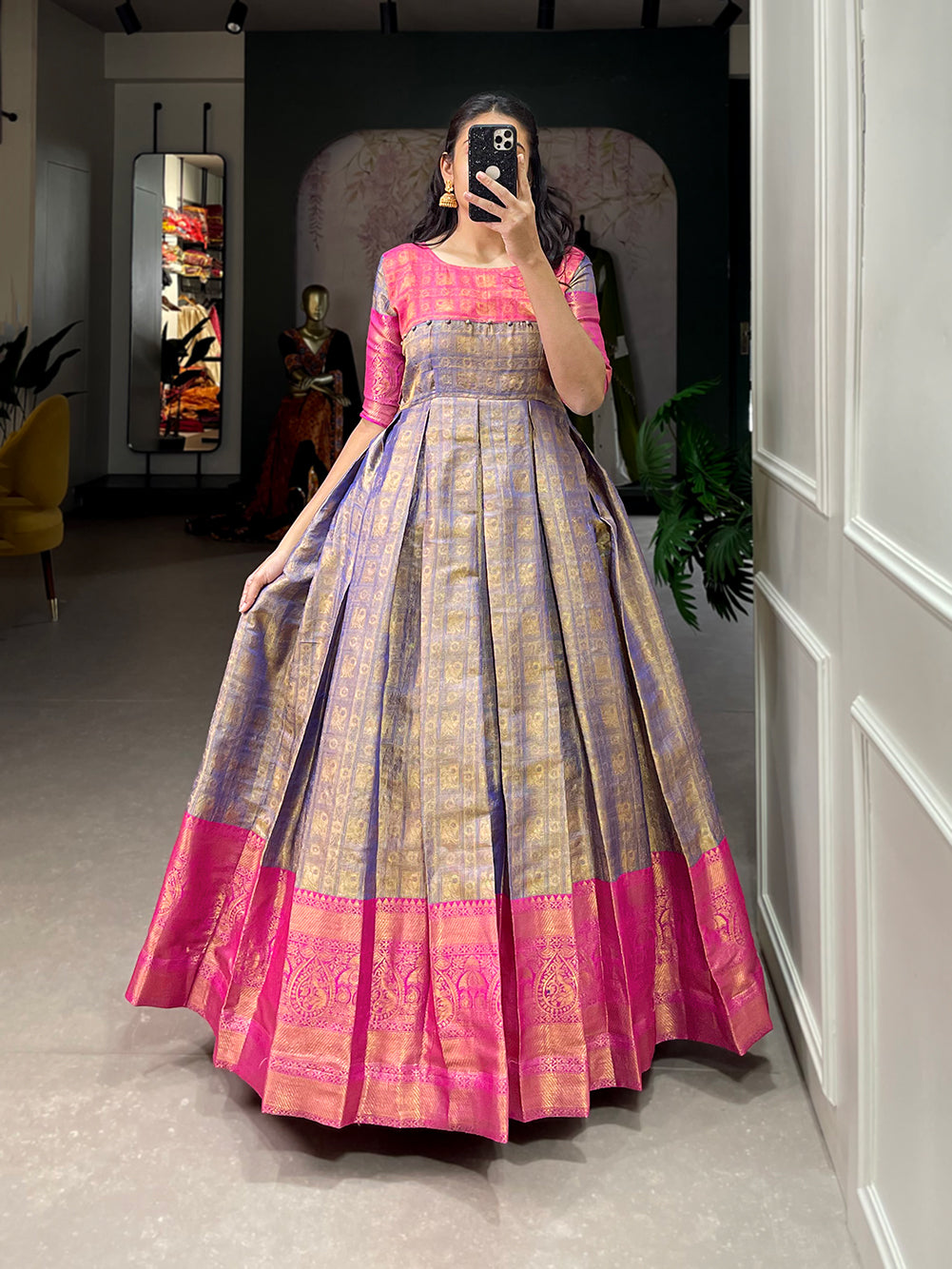 Lorenvalley Blue Kanjivaram Zari Weaving Work Gown - Distacart