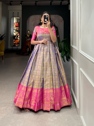 Lorenvalley Blue Kanjivaram Zari Weaving Work Gown - Distacart