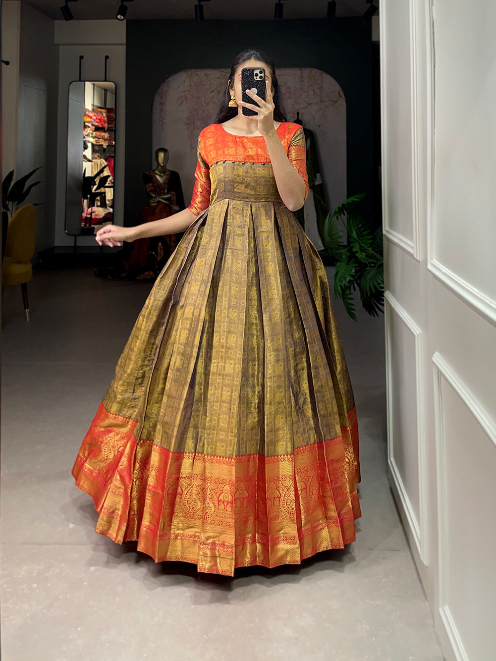 Lorenvalley Mustard Kanjivaram Zari Weaving Work Gown - Distacart