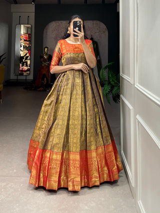 Lorenvalley Mustard Kanjivaram Zari Weaving Work Gown - Distacart