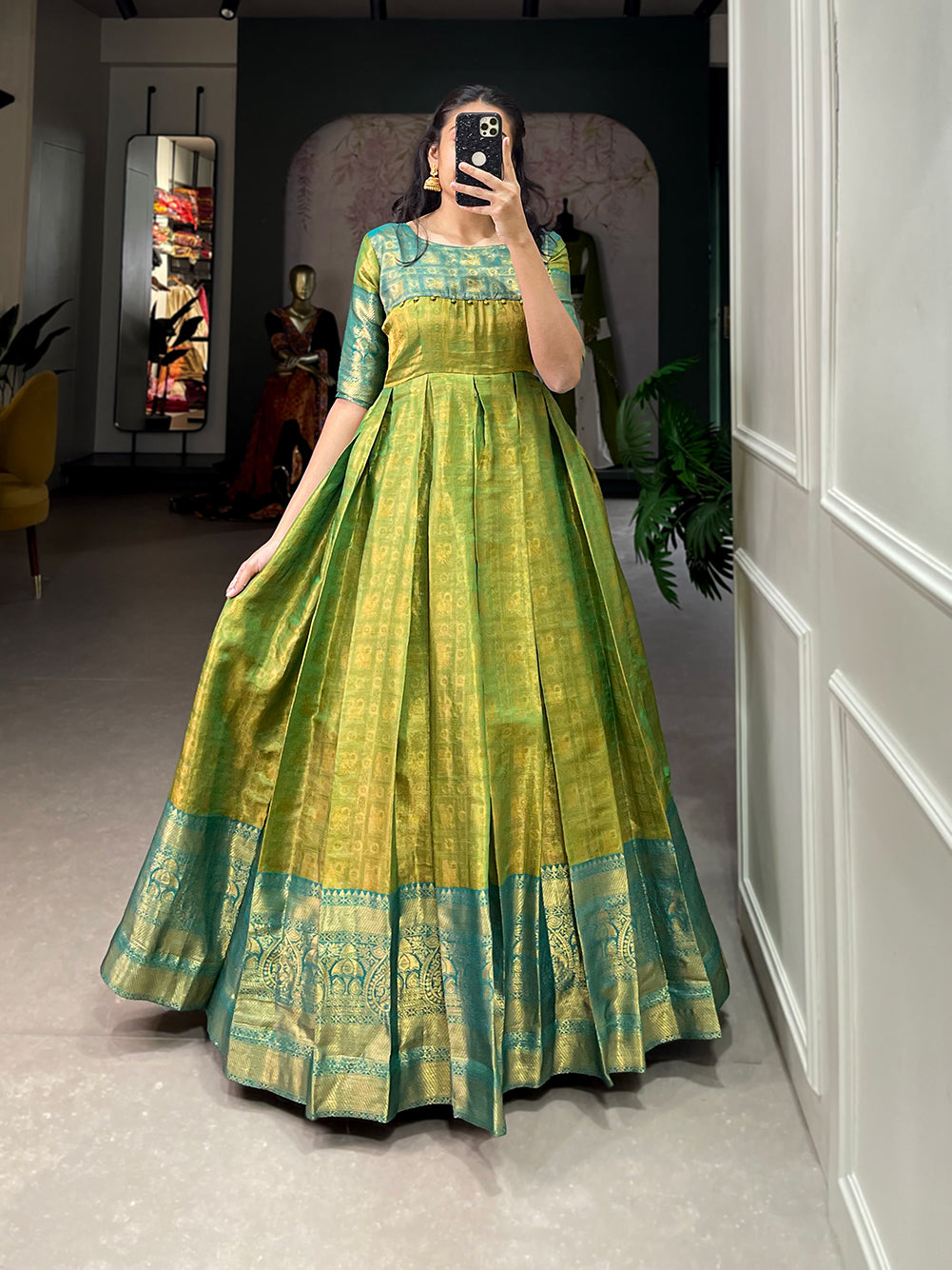Lorenvalley Parotgreen Kanjivaram Zari Weaving Work Gown - Distacart