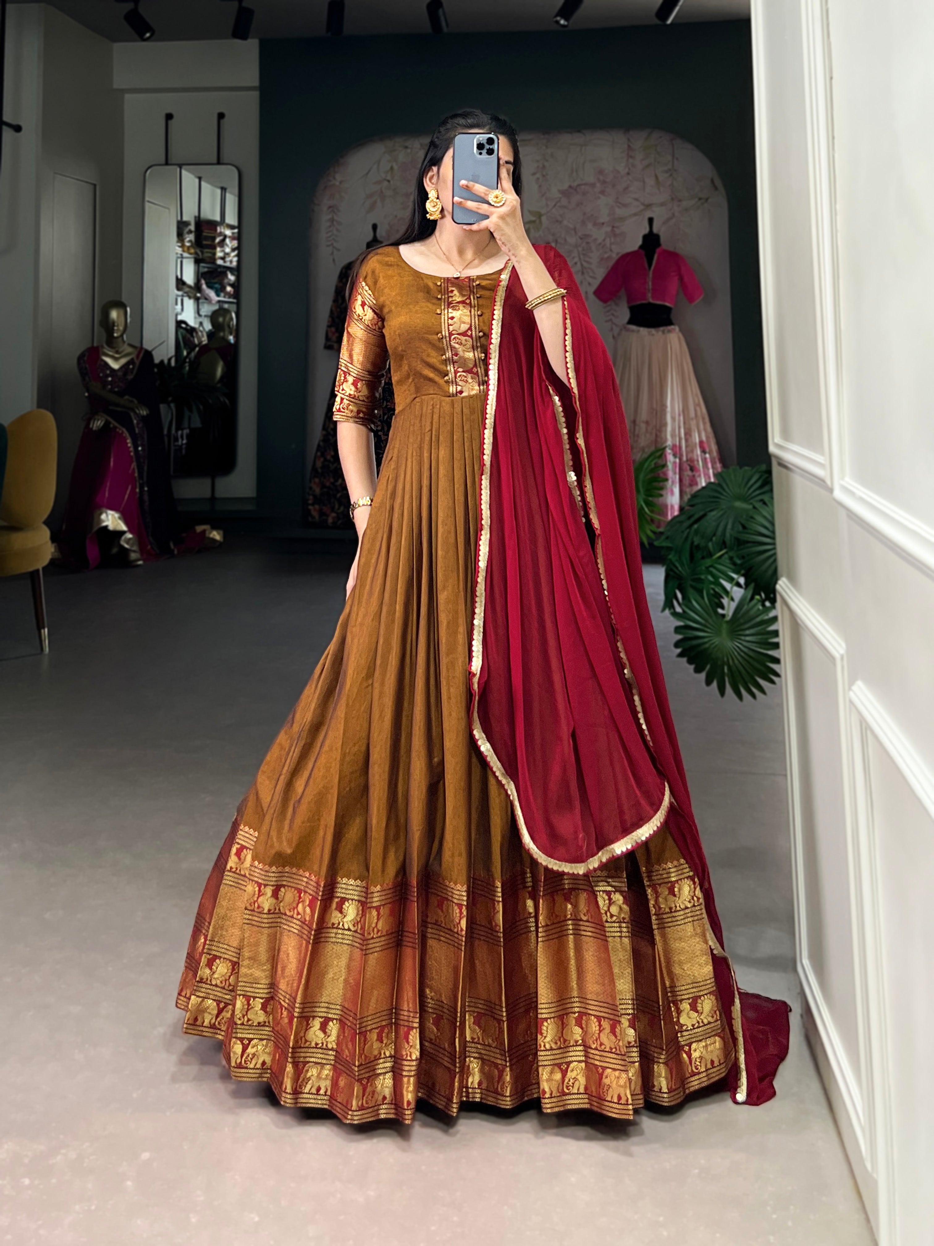 Lorenvalley Fashion Mustard Narayan pet (cotton) Zari weaving work Gown with Dupatta - Distacart