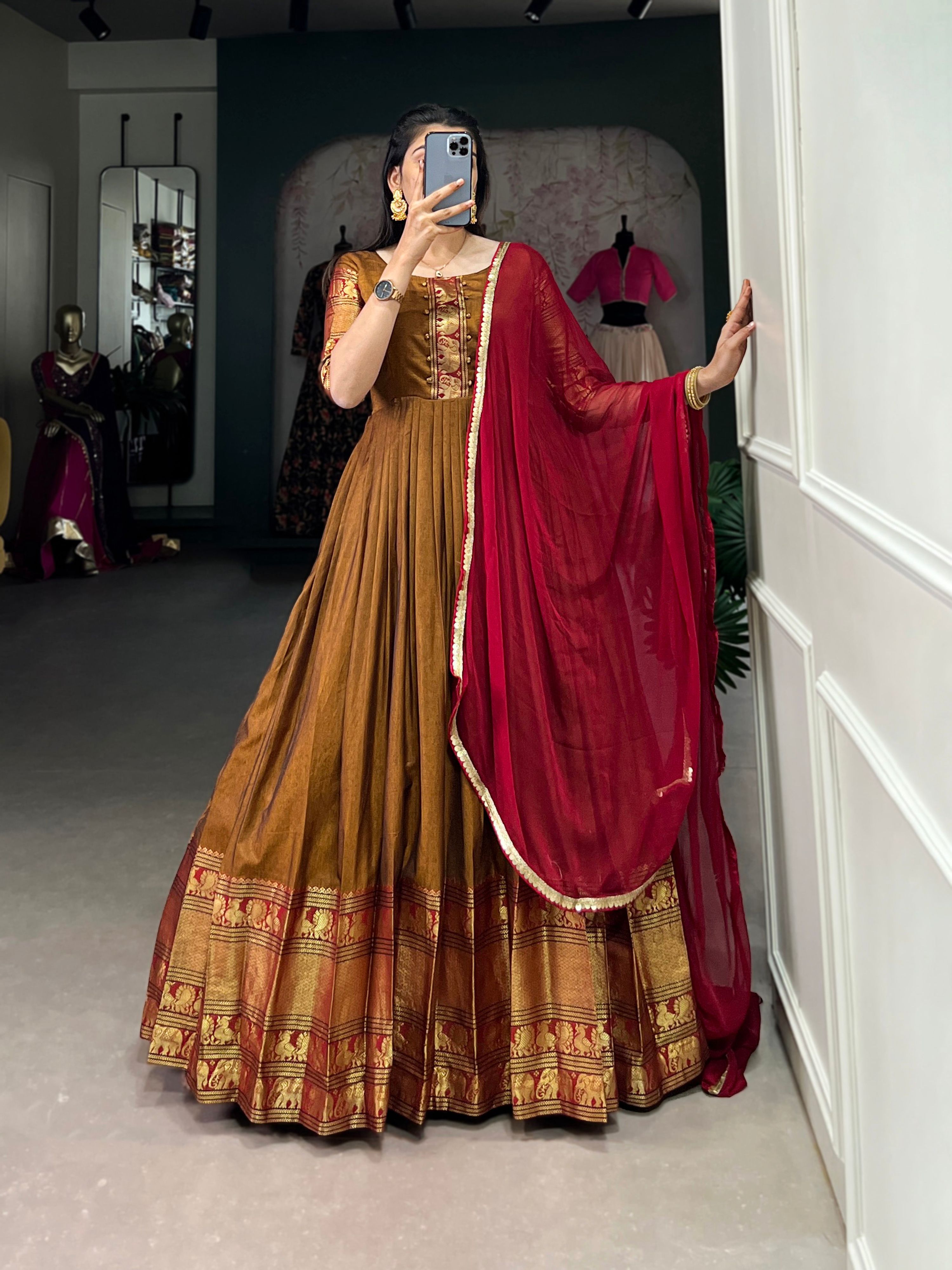 Lorenvalley Fashion Mustard Narayan pet (cotton) Zari weaving work Gown with Dupatta