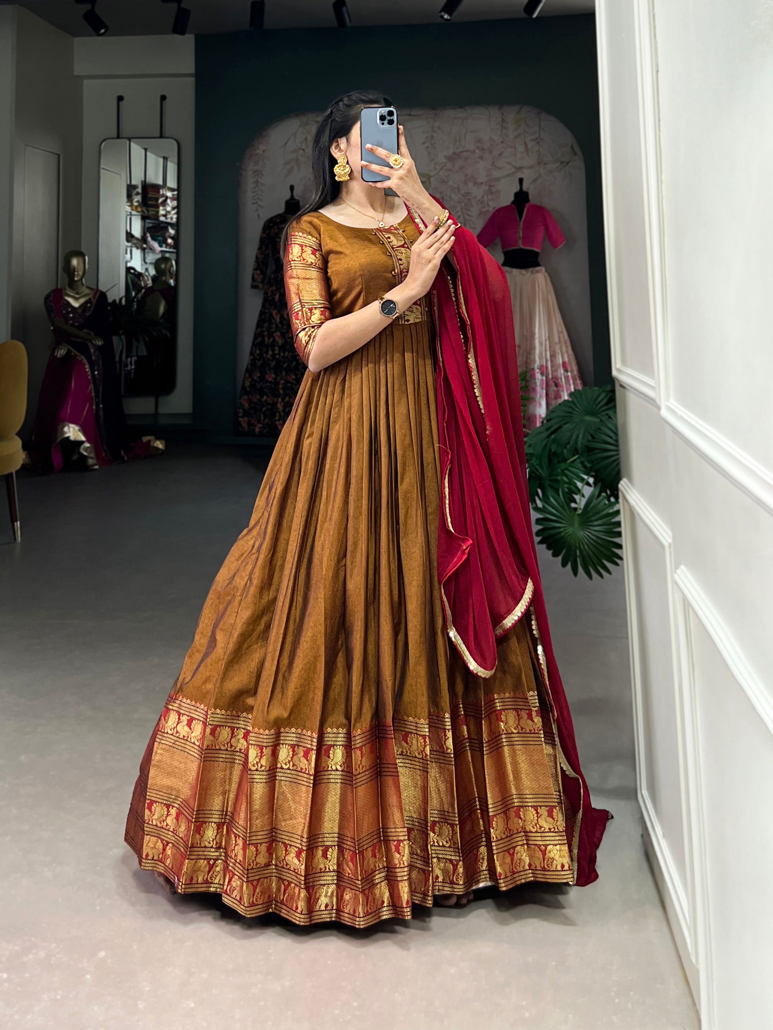 Lorenvalley Fashion Mustard Narayan pet (cotton) Zari weaving work Gown with Dupatta