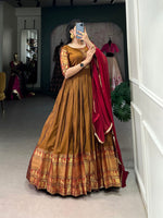 Thumbnail for Lorenvalley Fashion Mustard Narayan pet (cotton) Zari weaving work Gown with Dupatta