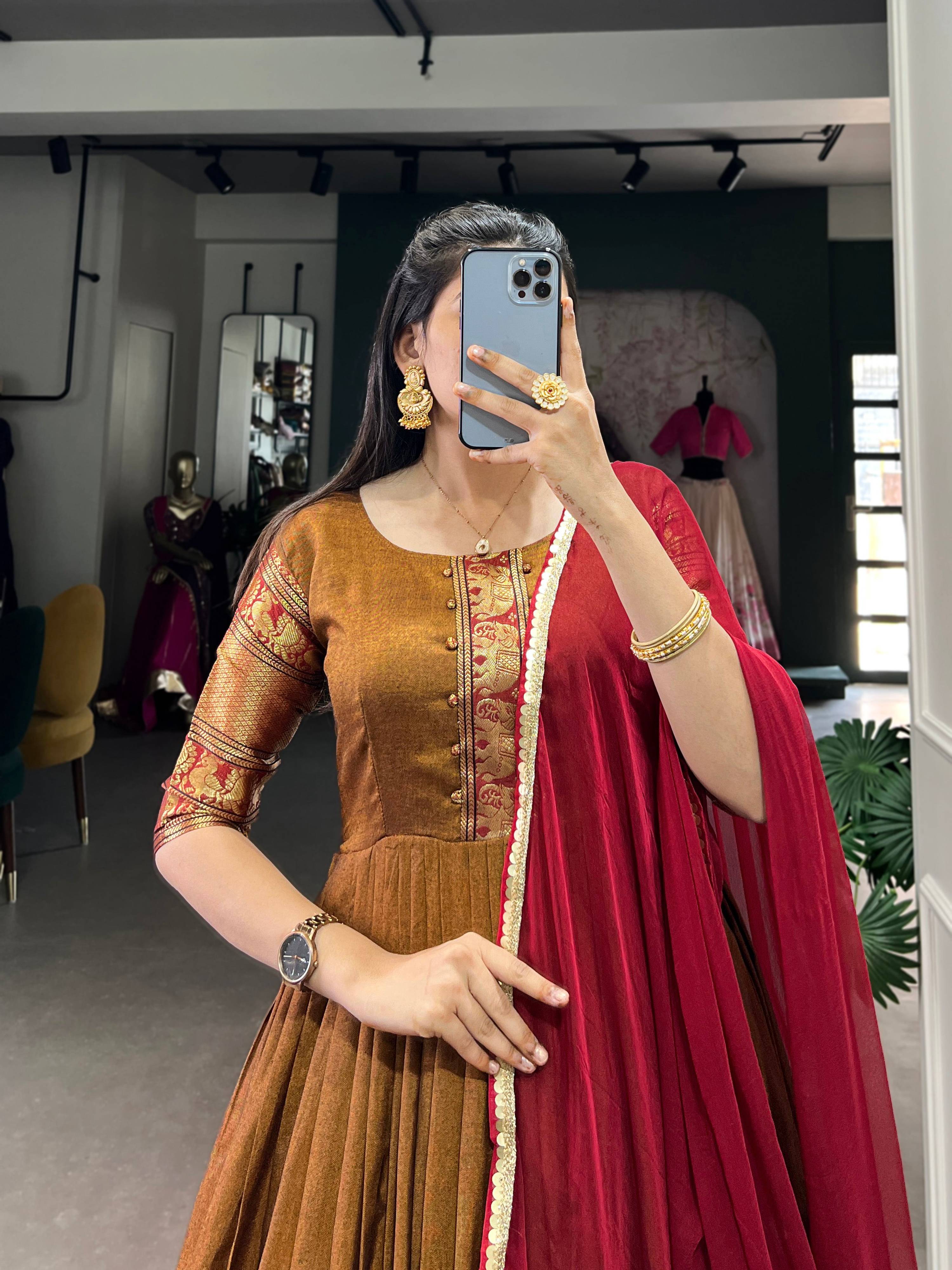 Lorenvalley Fashion Mustard Narayan pet (cotton) Zari weaving work Gown with Dupatta