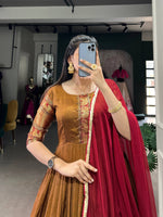 Thumbnail for Lorenvalley Fashion Mustard Narayan pet (cotton) Zari weaving work Gown with Dupatta