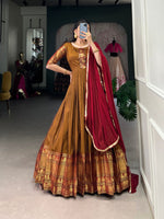 Thumbnail for Lorenvalley Fashion Mustard Narayan pet (cotton) Zari weaving work Gown with Dupatta