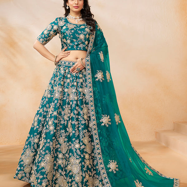 Monjolika Fashion Embroidered Art Silk Trendy Lehenga Choli In Turquoise - Distacart
