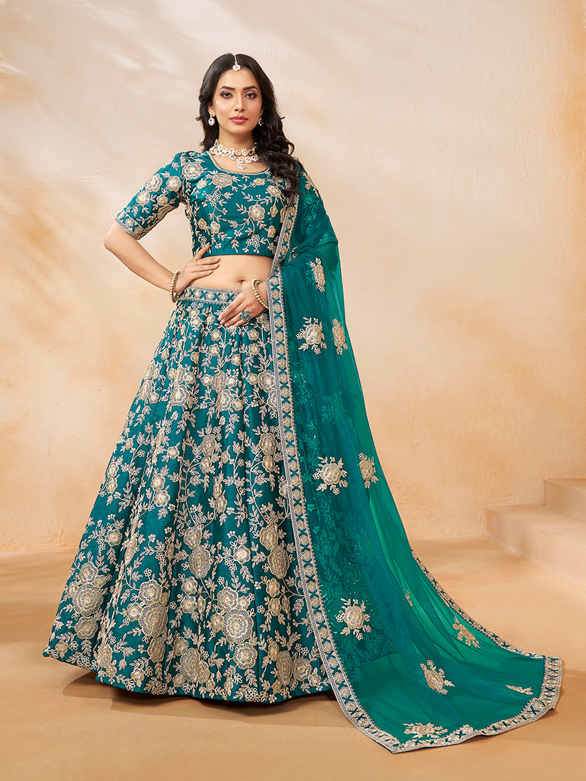 Monjolika Fashion Embroidered Art Silk Trendy Lehenga Choli In Turquoise - Distacart