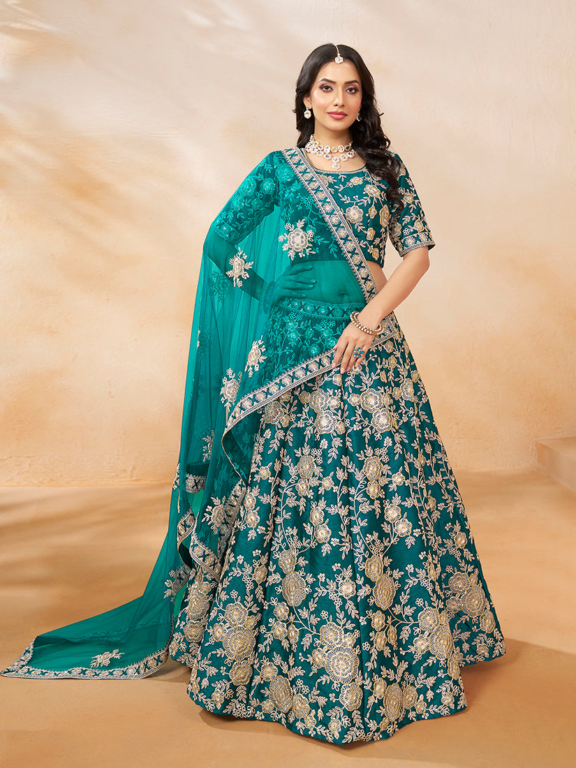 Monjolika Fashion Embroidered Art Silk Trendy Lehenga Choli In Turquoise